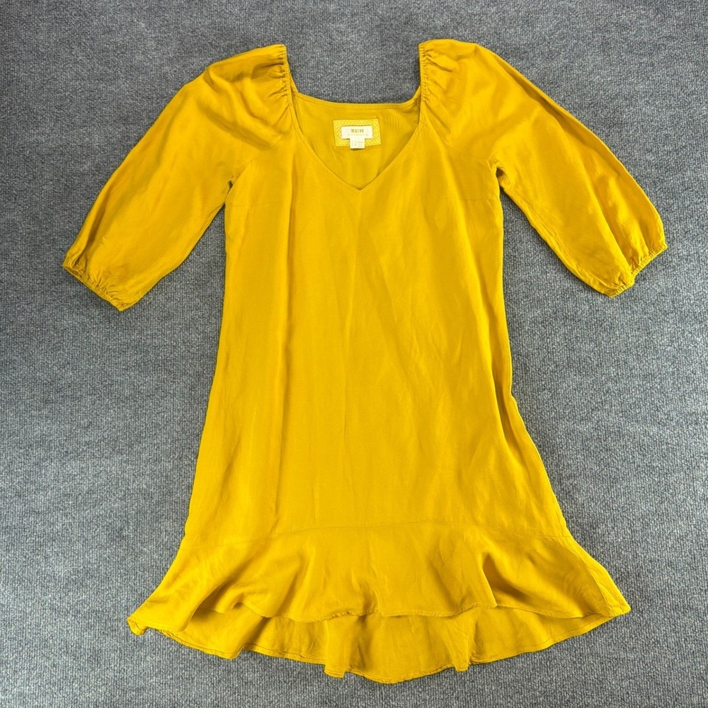 Maeve Anthropologie Mustard‎ Yellow Linen Blend Ruffle Hem Puff Sleeve Dress 6